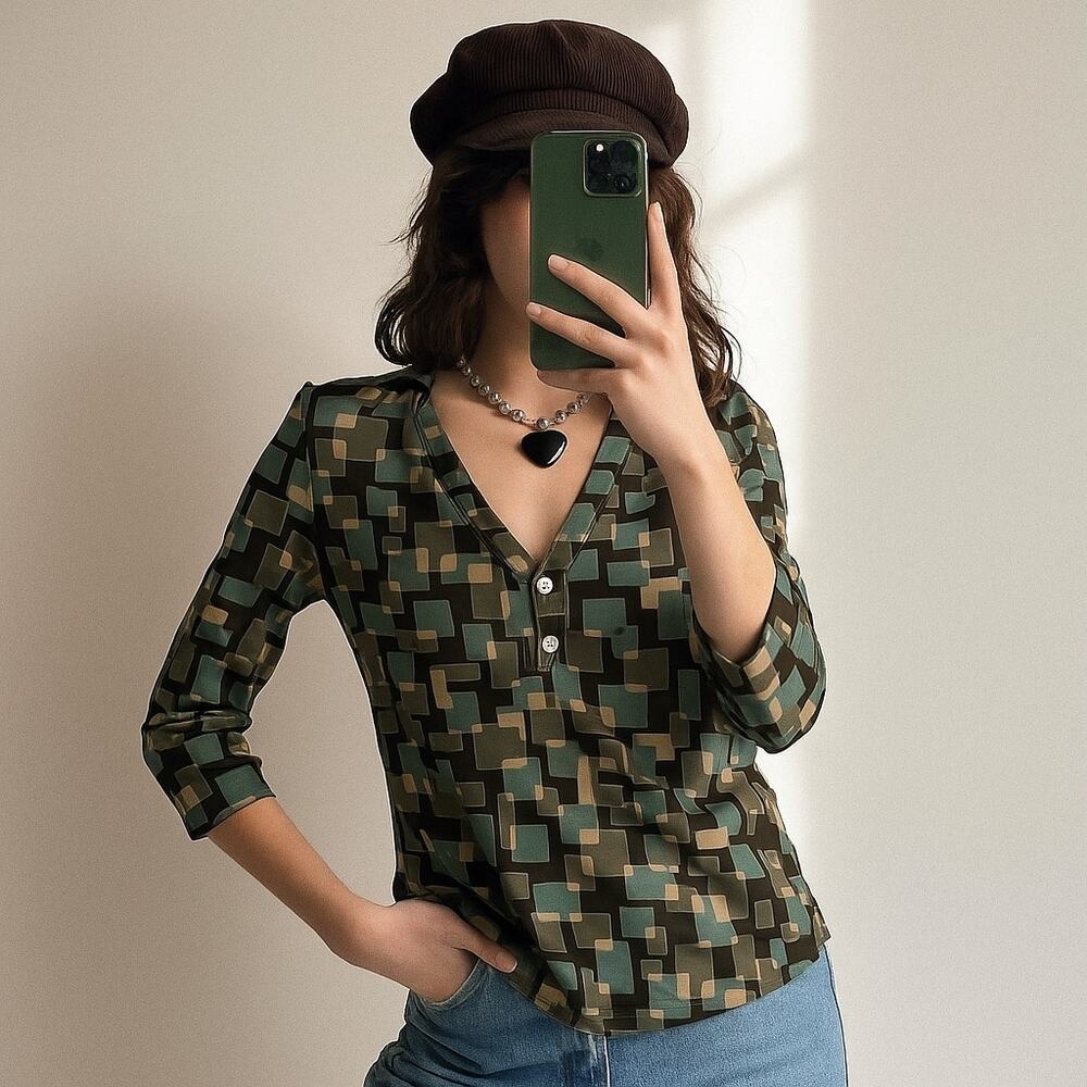 Vintage Green Geometric Top Mod Print Retro 70s Inspired Funky Groovy Small‎